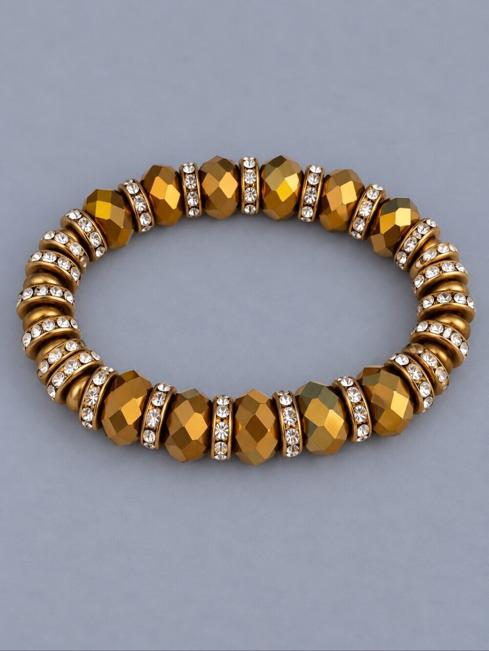Gold Bronze Faceted Beaded Stretch Bracelet with Rhinestone Spacers